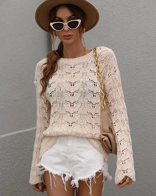 Original Creation Long Sleeves Loose Hollow Solid Color Round-Neck Sweater Tops