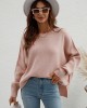 Casual Long Sleeves Loose Split-Side Solid Color Round-Neck Sweater Tops