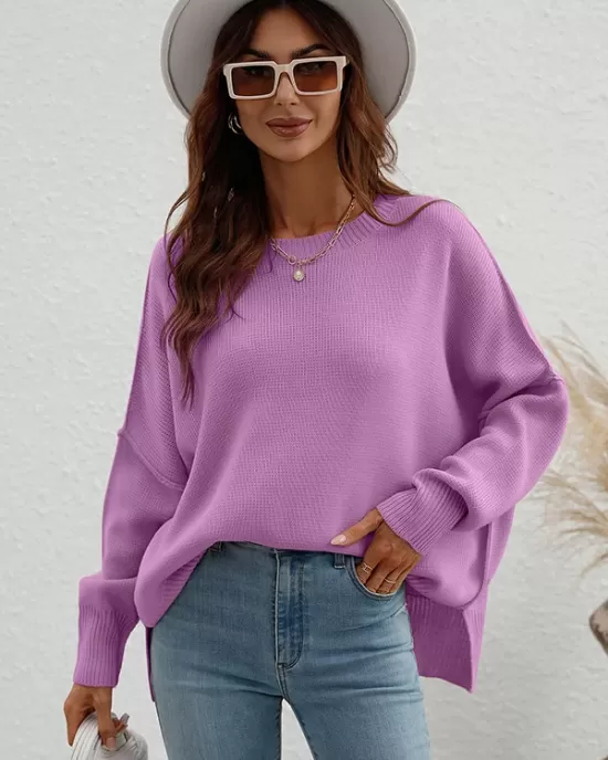 Casual Long Sleeves Loose Split-Side Solid Color Round-Neck Sweater Tops