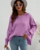 Casual Long Sleeves Loose Split-Side Solid Color Round-Neck Sweater Tops