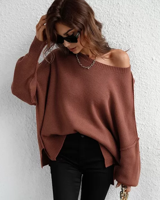 Casual Long Sleeves Loose Split-Side Solid Color Round-Neck Sweater Tops