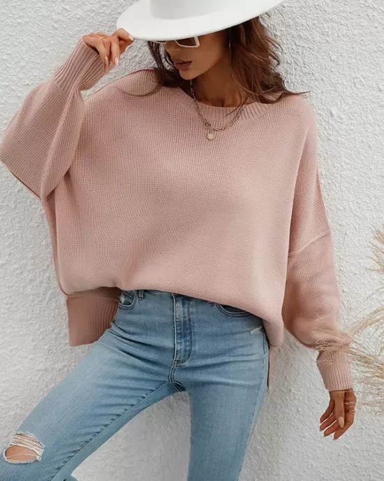 Casual Long Sleeves Loose Split-Side Solid Color Round-Neck Sweater Tops