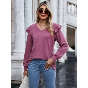 Casual Loose Solid Color V-Neck Shirts Top