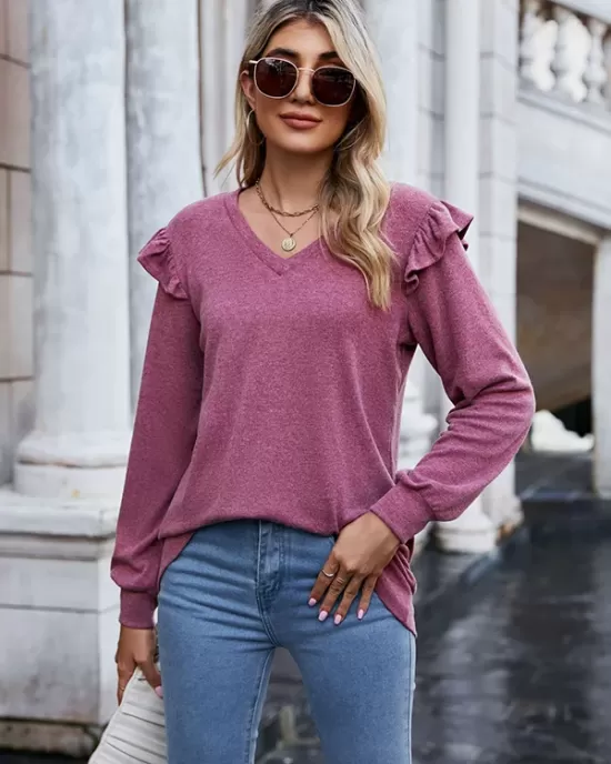 Casual Loose Solid Color V-Neck Shirts Top