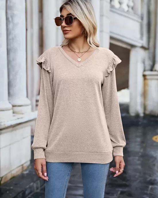 Casual Loose Solid Color V-Neck Shirts Top