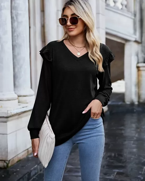 Casual Loose Solid Color V-Neck Shirts Top