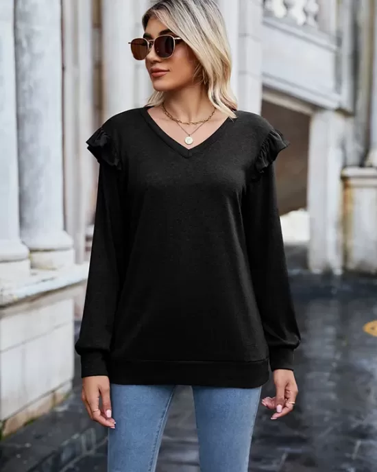 Casual Loose Solid Color V-Neck Shirts Top