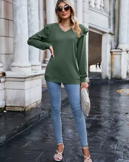 Casual Loose Solid Color V-Neck Shirts Top