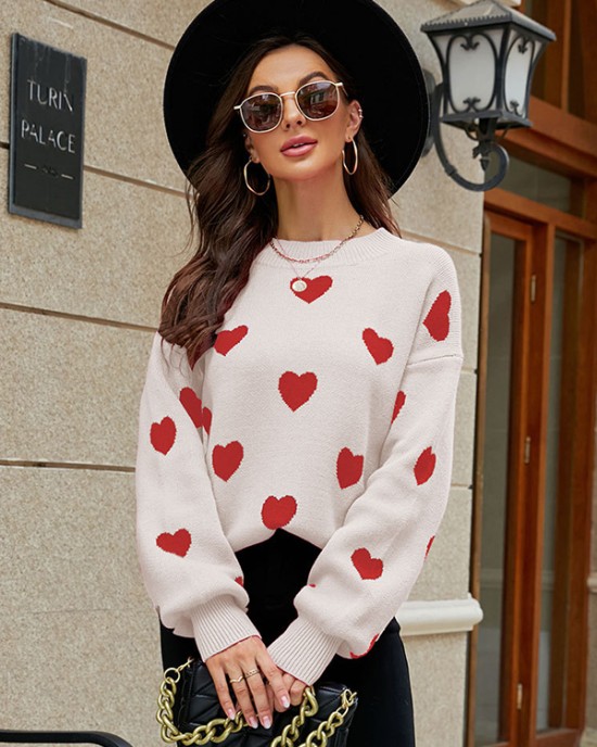 Casual Puff Sleeves Loose Heart Shape Sweater Top