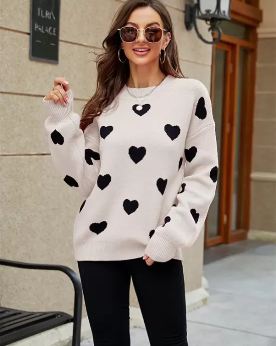 Casual Puff Sleeves Loose Heart Shape Sweater Top