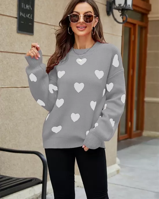 Casual Puff Sleeves Loose Heart Shape Sweater Top