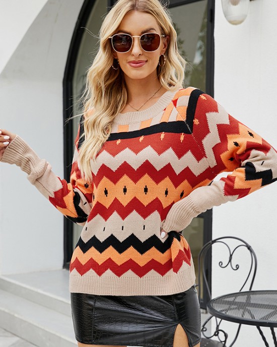 Casual Loose Patchwork Round-Neck Sweater Top