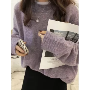 Simple Loose Long Sleeves Round-Neck Sweater Tops Pullovers