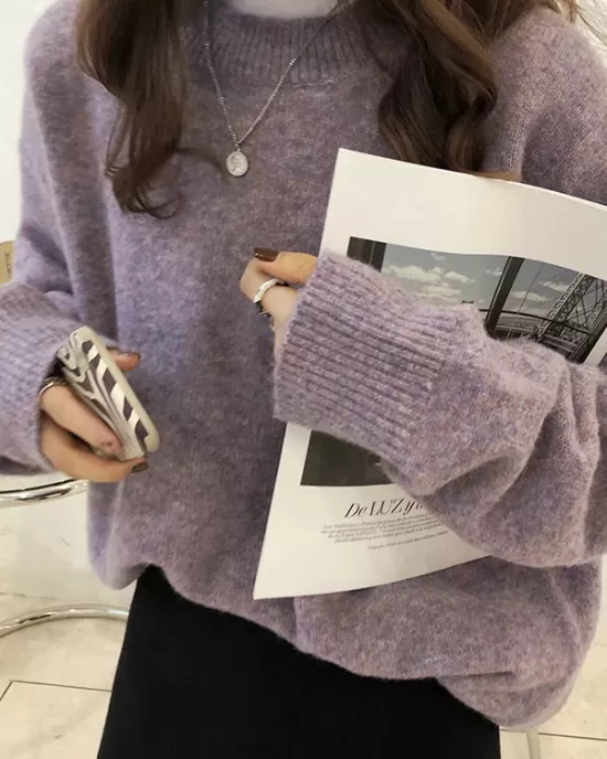 Simple Loose Long Sleeves Round-Neck Sweater Tops Pullovers