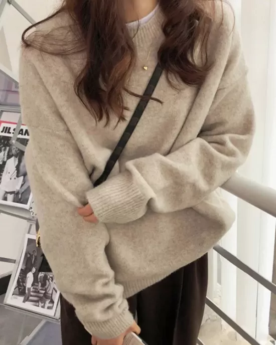 Simple Loose Long Sleeves Round-Neck Sweater Tops Pullovers