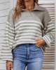 Casual Long Sleeves Loose Striped Lapel Collar Sweater Tops