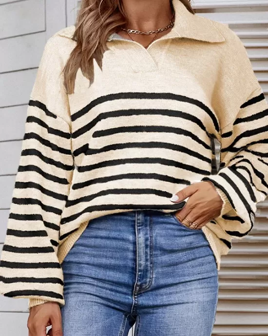 Casual Long Sleeves Loose Striped Lapel Collar Sweater Tops