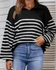 Casual Long Sleeves Loose Striped Lapel Collar Sweater Tops