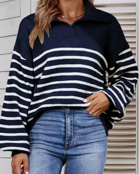 Casual Long Sleeves Loose Striped Lapel Collar Sweater Tops