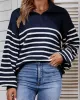 Casual Long Sleeves Loose Striped Lapel Collar Sweater Tops