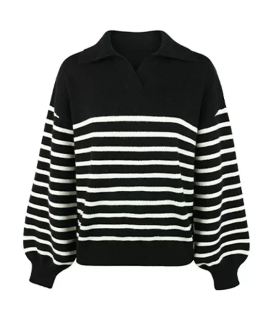 Casual Long Sleeves Loose Striped Lapel Collar Sweater Tops