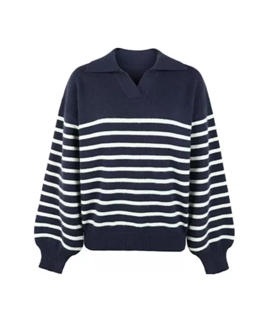 Casual Long Sleeves Loose Striped Lapel Collar Sweater Tops