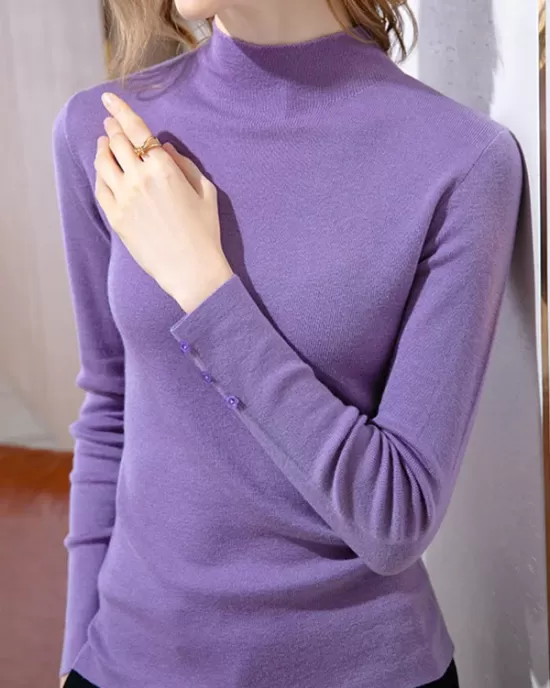 Simple Long Sleeves Skinny Keep Warm Solid Color High-Neck Pullovers