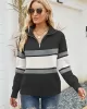 Stylish Loose Solid Color& Contrast Color Striped Lapel Collar Sweater Tops