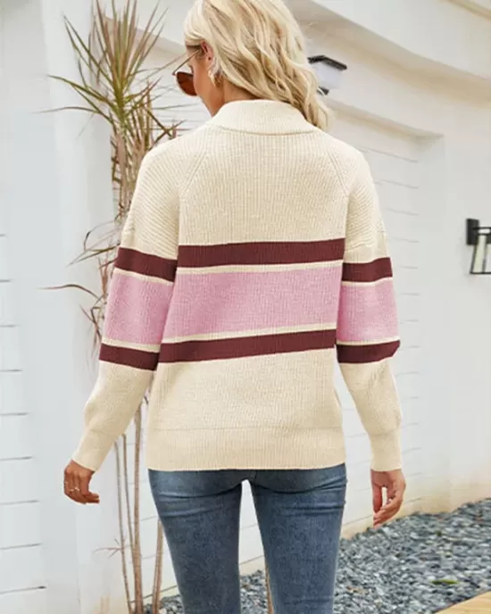 Stylish Loose Solid Color& Contrast Color Striped Lapel Collar Sweater Tops