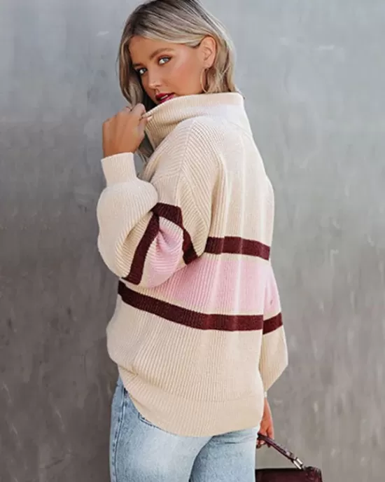 Stylish Loose Solid Color& Contrast Color Striped Lapel Collar Sweater Tops