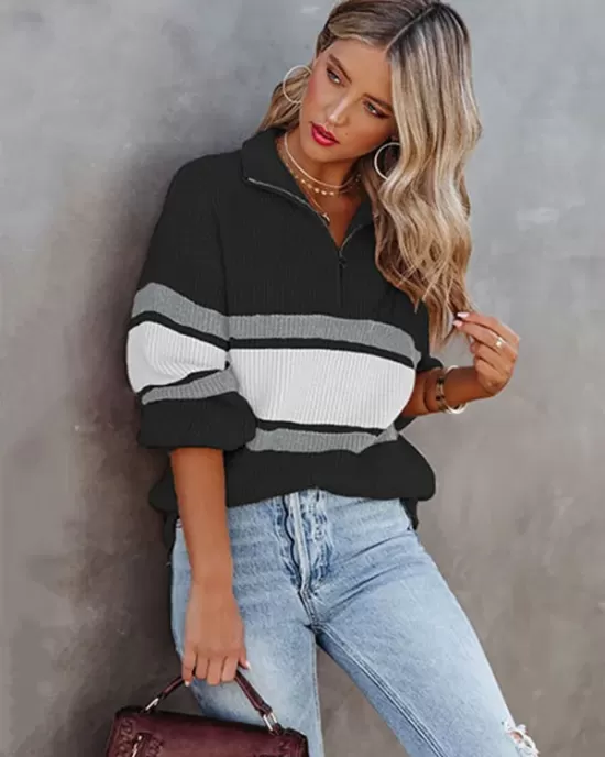 Stylish Loose Solid Color& Contrast Color Striped Lapel Collar Sweater Tops