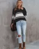 Stylish Loose Solid Color& Contrast Color Striped Lapel Collar Sweater Tops