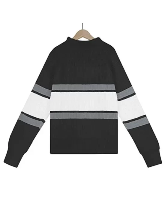 Stylish Loose Solid Color& Contrast Color Striped Lapel Collar Sweater Tops