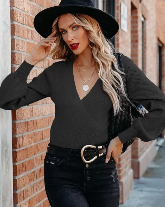 Casual Long Sleeves Solid Color V-Neck Sweater Tops