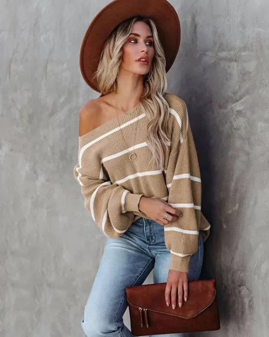 Long Sleeves Striped Off-The-Shoulder Sweater Tops