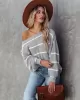 Long Sleeves Striped Off-The-Shoulder Sweater Tops