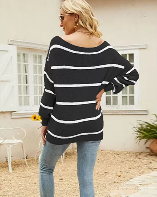 Long Sleeves Striped Off-The-Shoulder Sweater Tops