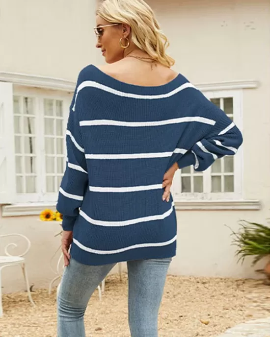 Long Sleeves Striped Off-The-Shoulder Sweater Tops