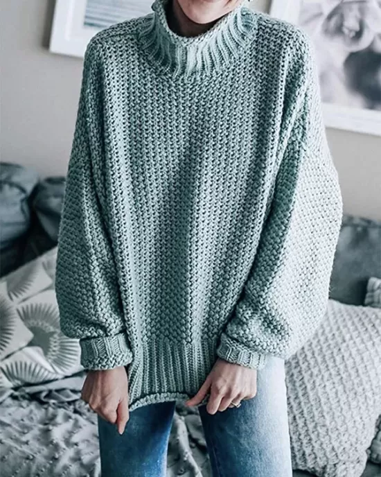 Casual Long Sleeves Solid Color High-Neck Sweater Tops