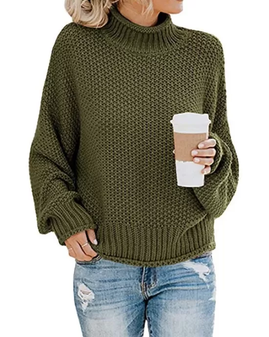 Casual Long Sleeves Solid Color High-Neck Sweater Tops