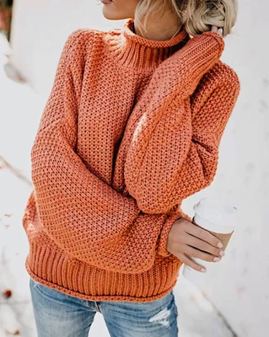 Casual Long Sleeves Solid Color High-Neck Sweater Tops