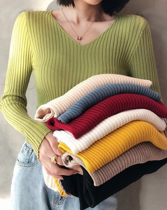 Casual Skinny Long Sleeves Solid Color V-Neck Pullovers