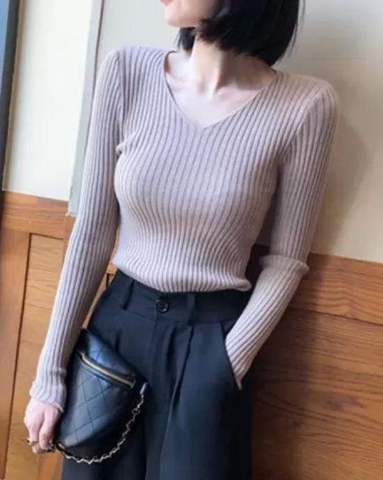 Casual Skinny Long Sleeves Solid Color V-Neck Pullovers