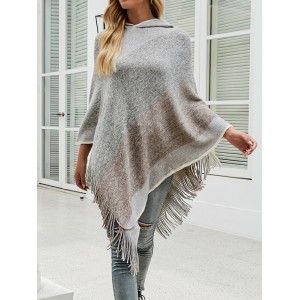 Casual Loose Striped Tasseled Hooded Cape