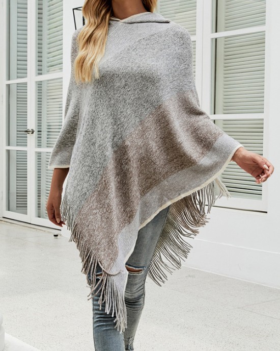 Casual Loose Striped Tasseled Hooded Cape