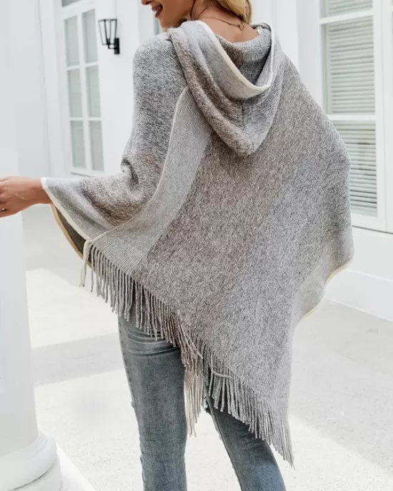 Casual Loose Striped Tasseled Hooded Cape