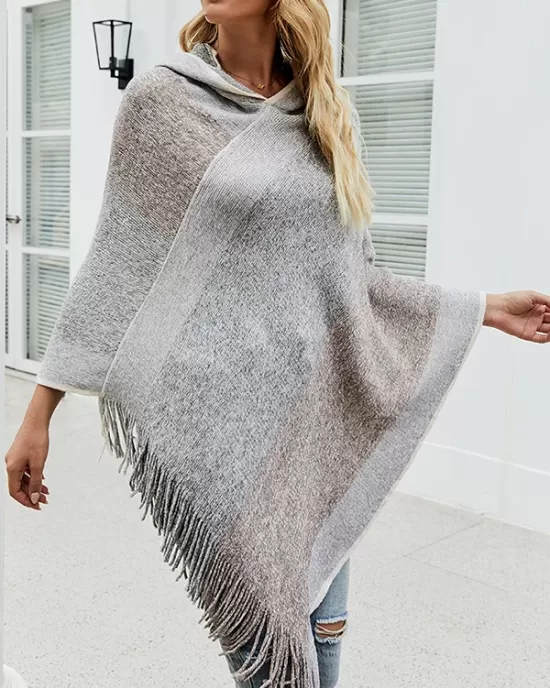 Casual Loose Striped Tasseled Hooded Cape