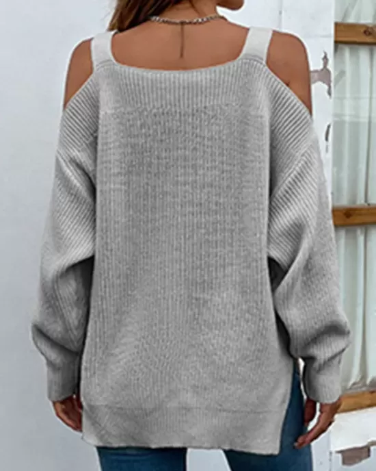 Long Sleeves Split-Side Solid Color Off-The-Shoulder Sweater Tops