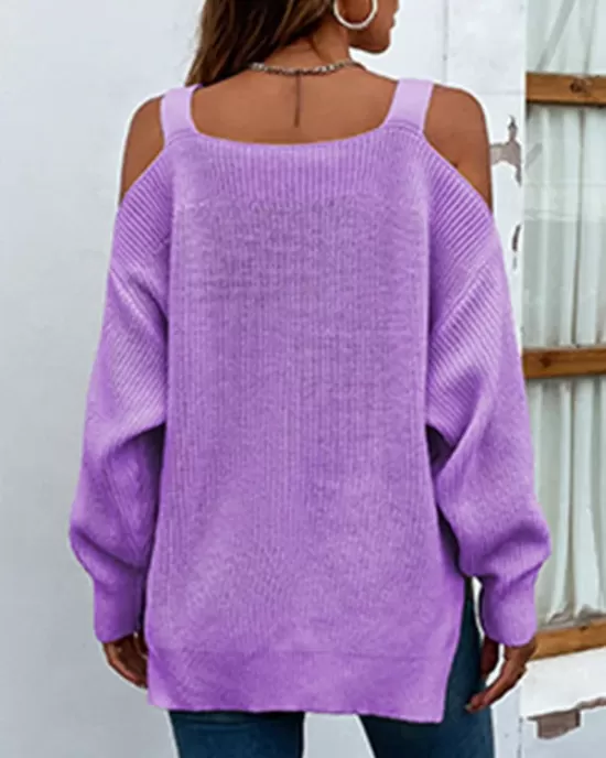 Long Sleeves Split-Side Solid Color Off-The-Shoulder Sweater Tops