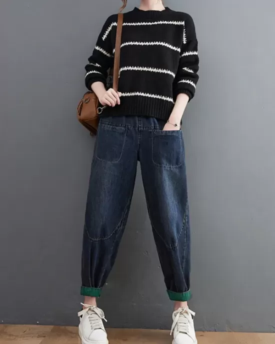 Casual Loose Long Sleeves Striped Round-Neck Sweater Tops